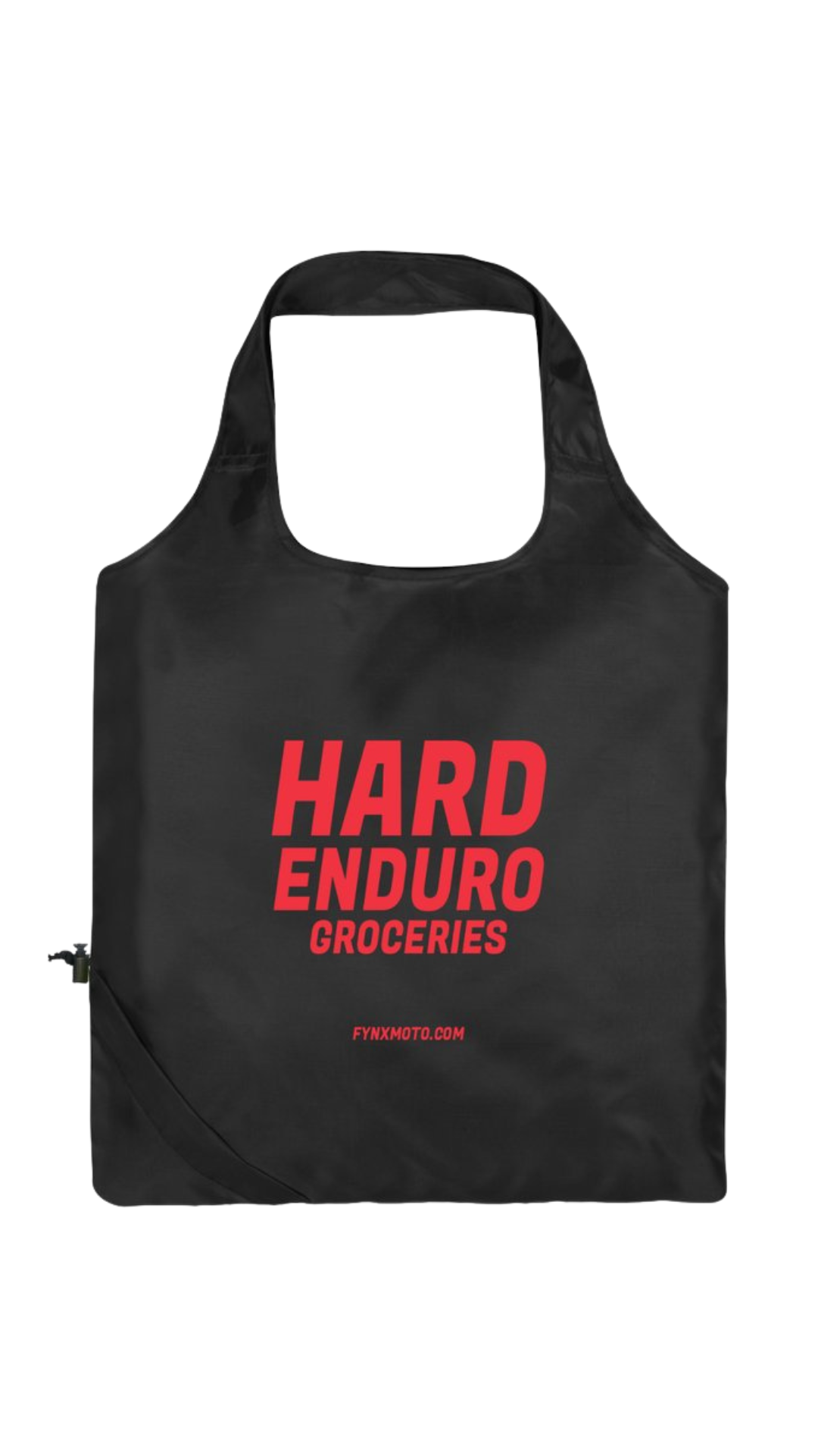 Black reusable grocery bag with red text on a white background